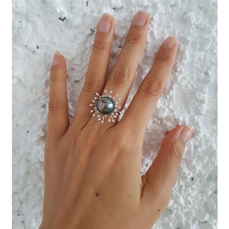 Anello Coraliens - Oro Bianco, Diamanti e Perla di Tahiti