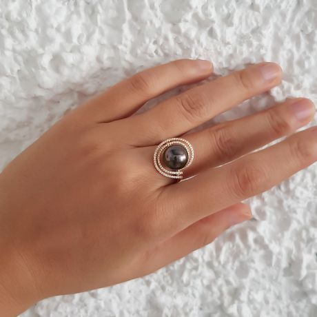 Anello Arc de la Sonde - Oro Giallo, Diamanti e Perla di Tahiti