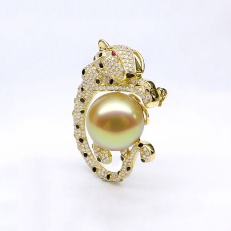 Ciondolo Leopardo oro giallo - Perla d'Australia dorata, diamanti e zaffiri