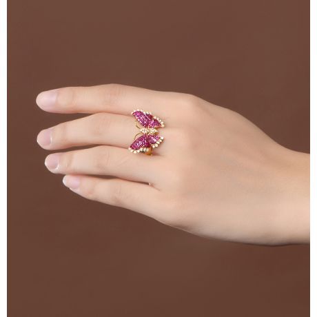 Anello Farfalla Ardente - Oro Giallo, Diamanti & Rubini Birmani
