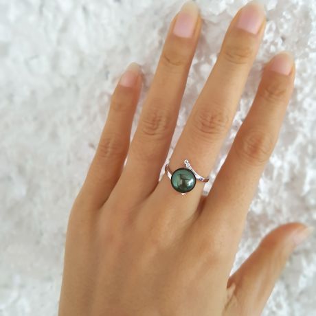 Anello Soraya - Oro Bianco, Diamanti e Perla di Tahiti