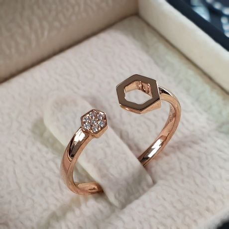 Anello aperto Esagono. Oro rosa 18 carati e diamanti