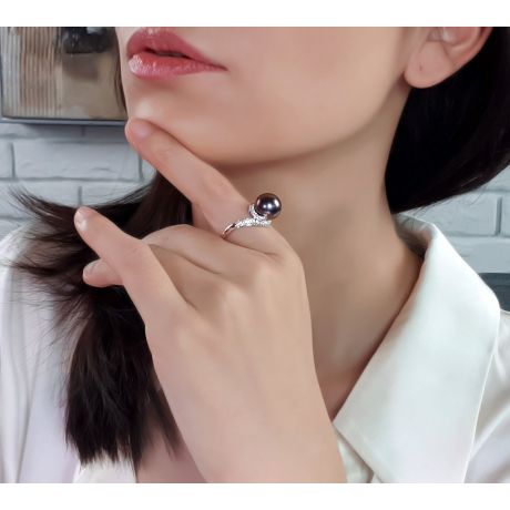 Anello Guyanes - Oro Bianco, Diamanti e Perla di Tahiti