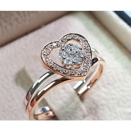 Anello doppio - Oro rosa e bianco 18ct - Diamanti incastonati - Cuore rosa