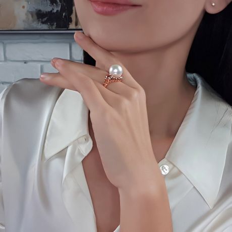 Anello Corallo - Perla dei Mari del Sud Bianca e Oro Rosa