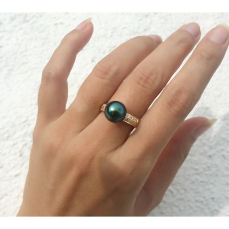 Anello Classico - Oro Giallo, Diamanti e Perla di Tahiti