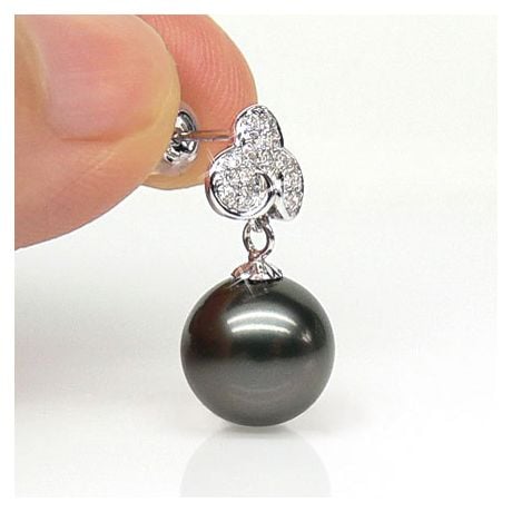 Orecchini Pendenti Trifoglio - Perle di Tahiti, Diamanti, Oro Bianco