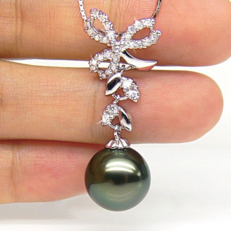 Ciondolo Fiocco - Oro Bianco, Diamanti e Perla di Tahiti