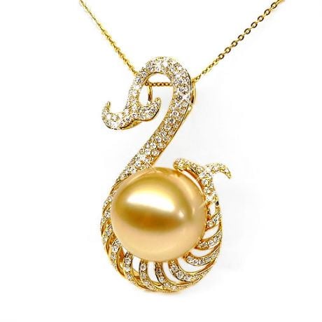 Ciondolo oro giallo, diamanti - Perla d'Australia dorata - 12/13mm