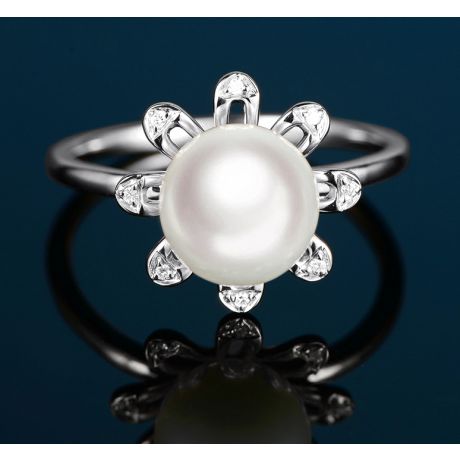 Anello Yuki No Hana - Oro Bianco, Diamanti e Perla Akoya