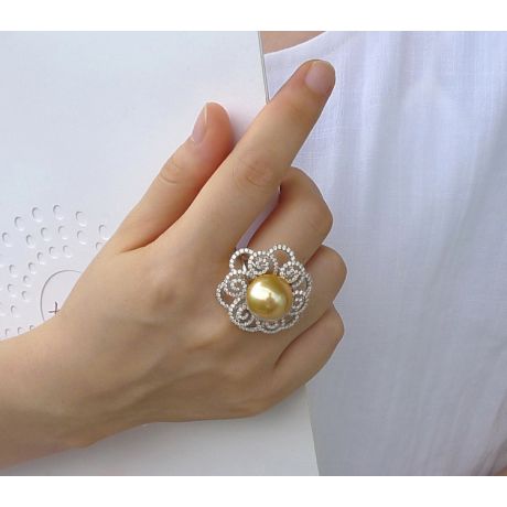 Anello Exubérante - Perla dei Mari del Sud Dorata e Oro Bianco