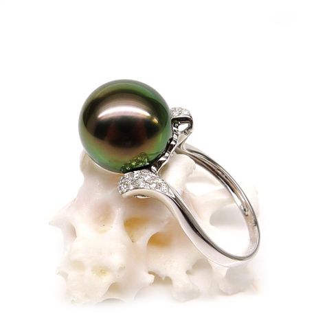 Anello Standing - Oro Bianco, Diamanti e Perla di Tahiti