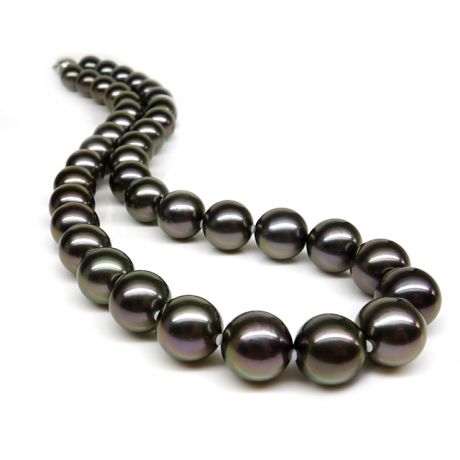Collana perle di Tahiti nere, pavone, bronzo, verde - 10/12mm - AAA oro giallo