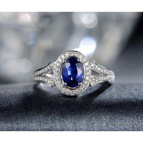 Anello Solitario Composto Dambulla - Oro Bianco, Diamanti & Zaffiro