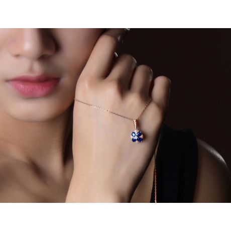 Ciondolo Solitario Fiore Blu. Oro rosa, Zaffiri e Diamanti