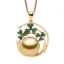 Ciondolo jardin d'été. Perla d'Australia, diamanti, granato 
