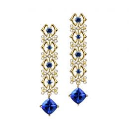 Orecchino Zaffiro blu, diamante - Oro giallo