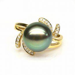 Anello Fiore - Oro Giallo, Diamanti e Perla di Tahiti