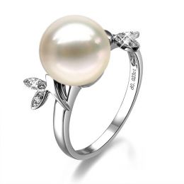 Anello Feuilles Étincelantes - Oro Bianco 18kt, Diamanti e Perla d'Acqua Dolce
