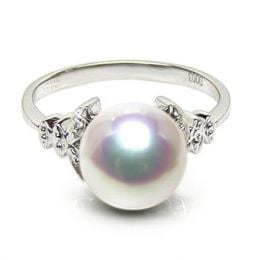 Anello Kiku - Oro Bianco, Diamanti e Perla Akoya Bianca