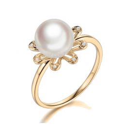 Anello Yuki No Hana - Oro Giallo, Diamanti e Perla Akoya
