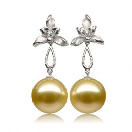Orecchini Petali - Perle dei Mari del Sud Dorate, Oro Bianco