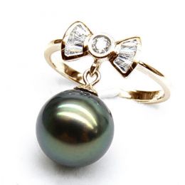 Anello Nodo Farfalla - Oro Giallo, Diamanti e Perla di Tahit