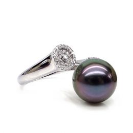 Anello Malouines - Oro Bianco, Diamanti e Perla di Tahiti