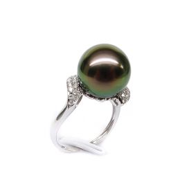 Anello Standing - Oro Bianco, Diamanti e Perla di Tahiti