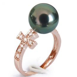 Anello Croce - Oro Rosa, Diamanti e Perla di Tahiti Nera