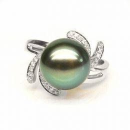 Anello Fiore - Oro Bianco, Diamanti e Perla di Tahiti