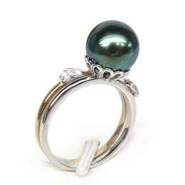 Anello oro bianco e giallo - Perla di Tahiti nera, pavone -
