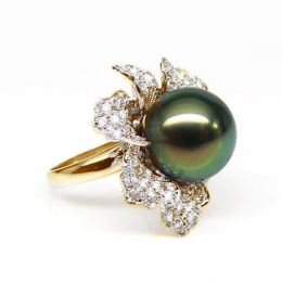 Anello Petali - Oro Giallo, Diamanti e Perla di Tahiti