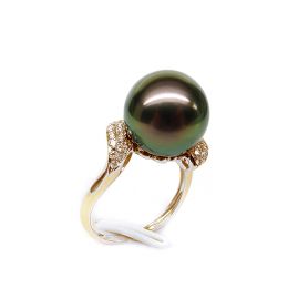 Anello Standing - Oro Giallo, Diamanti e Perla di Tahiti