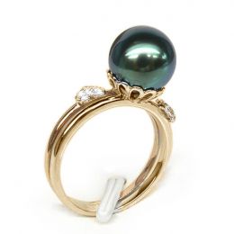 Anello oro giallo e rosa - Perla di Tahiti nera, pavone - 9.