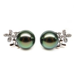 Orecchini A Lobo Anabella - Fiori Oro Bianco, Diamanti & Perle di Tahiti