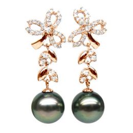 Orecchini Pendenti Florale - Perle di Tahiti Nere, Diamanti,