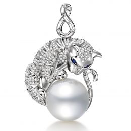 Ciondolo gatto oro bianco, diamanti - Perla d'Australia bian