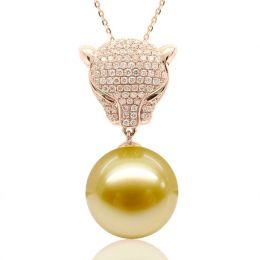 Ciondolo Pantera Perla Australia dorata. Oro rosa e Diamanti