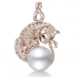 Ciondolo gatto oro rosa, diamanti - Perla d'Australia bianca