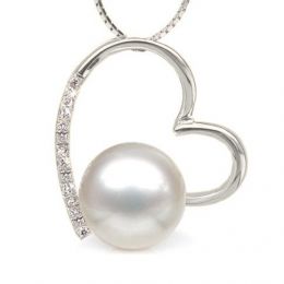Ciondolo cuore oro bianco, diamanti - Perla d’Australia bian