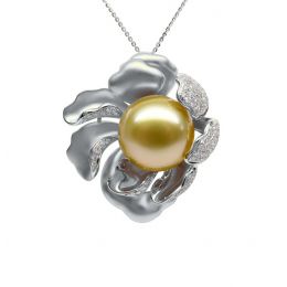 Ciondolo Peonia. Oro Bianco e Perla d'Australia