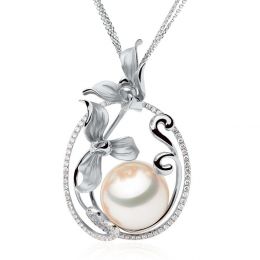 Ciondolo Orchidée Oro bianco, diamanti e perla d'Australia 
