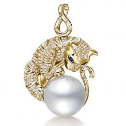 Ciondolo gatto oro giallo, diamanti - Perla d'Australia bian