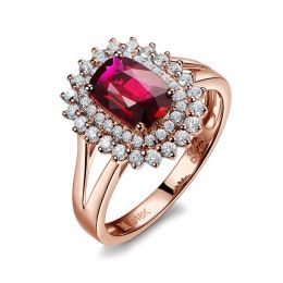 Anello Scintillante - Oro Rosa, Rubino Cuscino & Diamanti