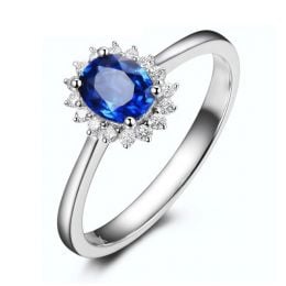 Solitario Composto Astro - Oro Bianco, Diamanti & Zaffiro Ovale