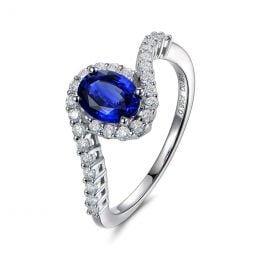 Solitario Composto Eye - Oro Bianco, Diamanti & Zaffiro Ovale