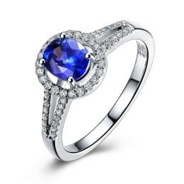 Anello Solitario Composto Mahaweli - Oro Bianco, Diamanti & Zaffiro