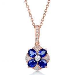 Ciondolo Solitario Fiore Blu. Oro rosa, Zaffiri e Diamanti