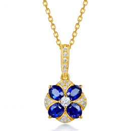 Ciondolo Solitario Fiore Blu. Oro giallo, Zaffiri e Diamanti